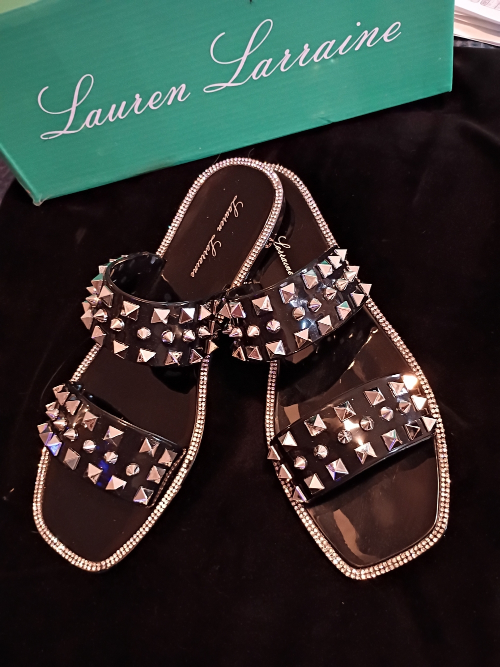 Lauren Lorraine Black Patent Studded Slide Sandals with Rhinestone Trim Size 6
